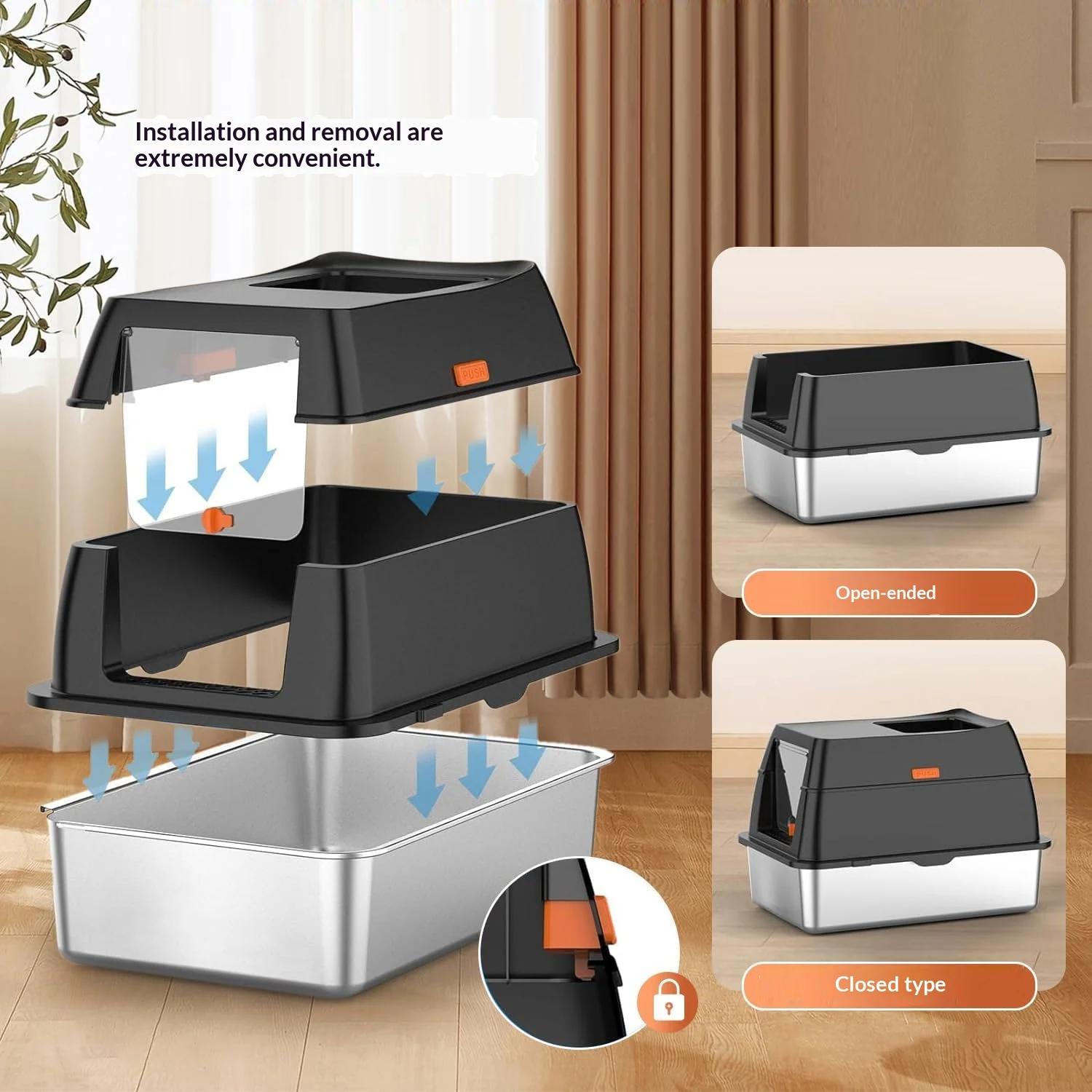 Caja de arena cerrada extra grande para gatos, inox, anti salpicaduras - imagen 4