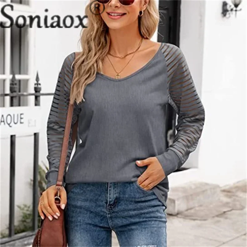 Fashion See-through Striped Long Sleeve T-Shirt Female Autumn Loose V Neck Pullover Tops Women Solid Color Casual Commuter Tees