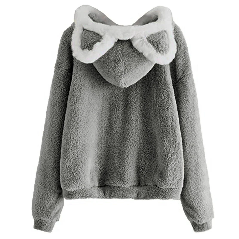 Cute Ear Hooded Pullover Fuzzy Fleece Sweatshirt Y2k Gothic Clothes Retro Streetwear Casual Fashion Harajuku Clothing 2025 New