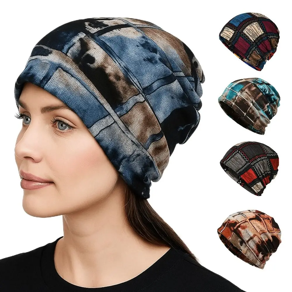 Contrasting Colors Pullover Hat Plaid Print Scarf Pullover Hat Casual Hedging Cap Multifunctional Turban Hats Autumn and Winter