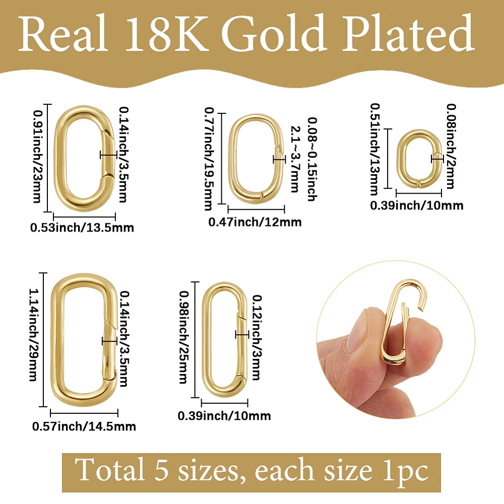 5Pcs 5 Sizes Real 18K Gold Plated Brass Oval Split Rings Spring Gate O Ring Bracelet Necklace Closures Connector Small Snap