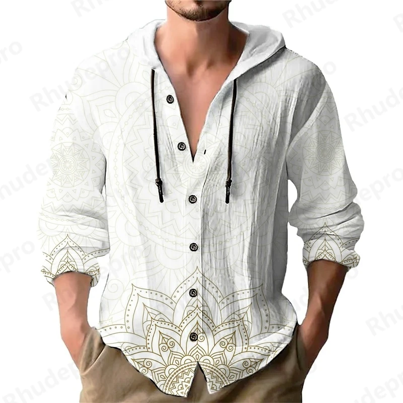 

Autumn Men's Casual Cotton Linen Long Sleeve Hooded Shirt Breathable National Style 2025 Seasons American Style Clothing