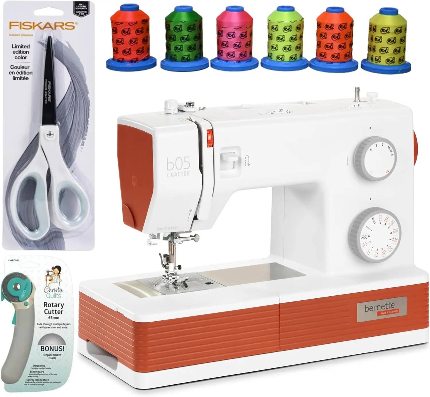 B05 Crafter Sewing Machine Bundle With 6 Pack Threads, Scissors And Rotary Cutter, Standard, White