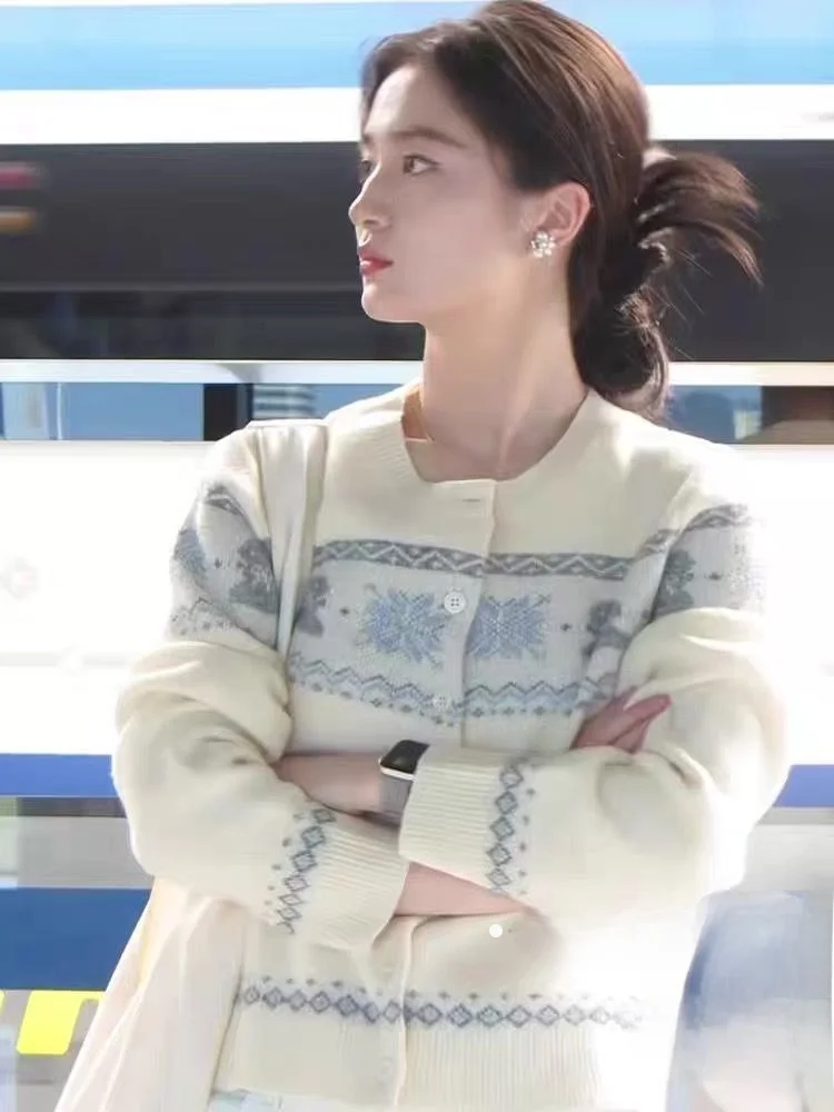 

Женский вязаный кардиган свободного кроя в корейском стиле с узором Fair Isle, круглым вырезом и открытым передом, теплый, с геометрическим принтом, для весеннего сезона
