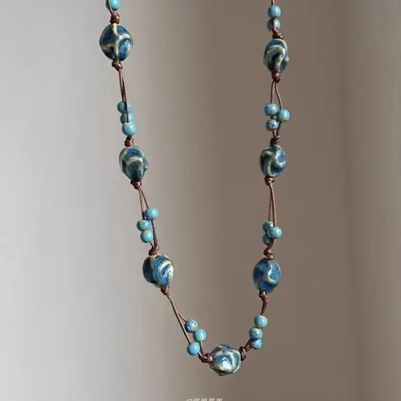 Bohemian Ethnic Fashion Casual Style Blue Bead Necklace Women's Retro Literary Style Sweater Chain Suitable Beach Vacation Wear