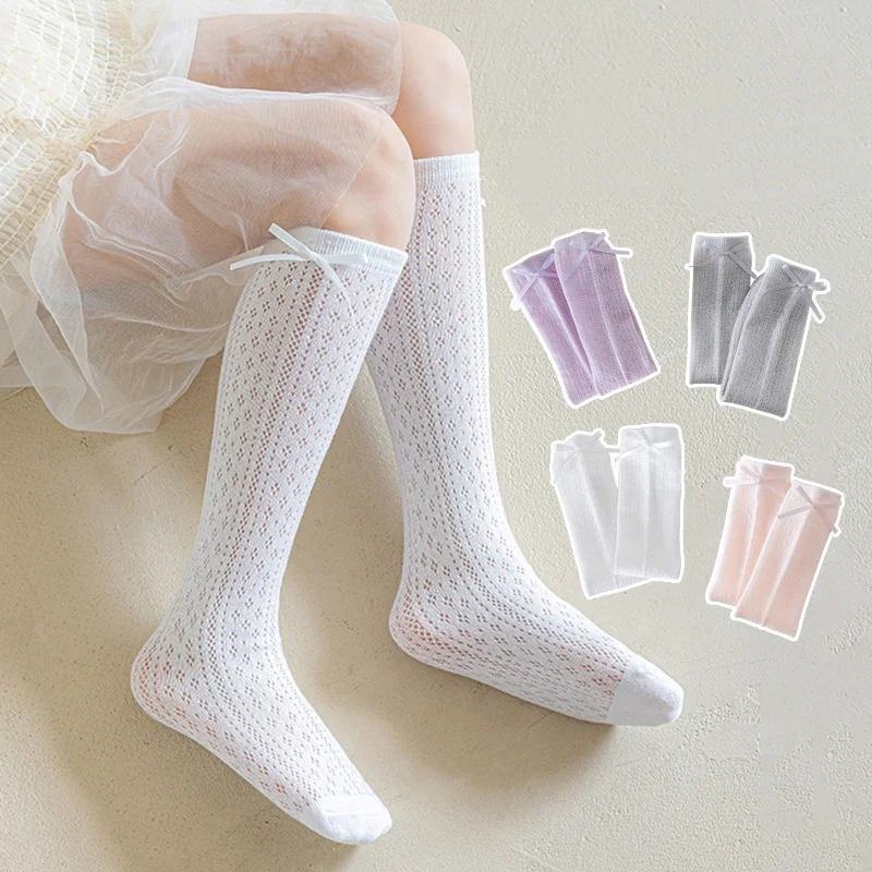 

Children's Hollow Bow Long Socks Summer Ultra-thin Mesh Breathable Knee High Socks For Girls 2-6 Years Kids Princess Calf Socks