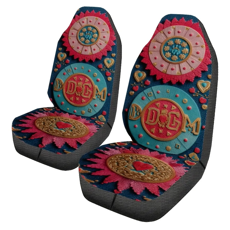 2pcs Bohemian Style Colorful Ring Print Car Seat Covers, Easy-Clean Unisex Front Seat Protectors, Fashionable Car Accessories,