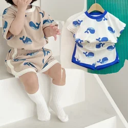 Full Print dolphin Tees +shorts Boys And Girls Cute Cotton Fashion Crew Neck Pullover Short Sleeve Home Clothes 2pcs Suits