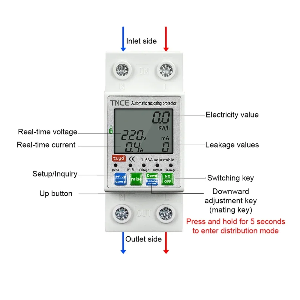 TNCE Tuya Energy Meter 63A 2p WIFI, Over/Under Voltage current Leakage Protector switch, Smart kWh Power Circuit Relay Breaker