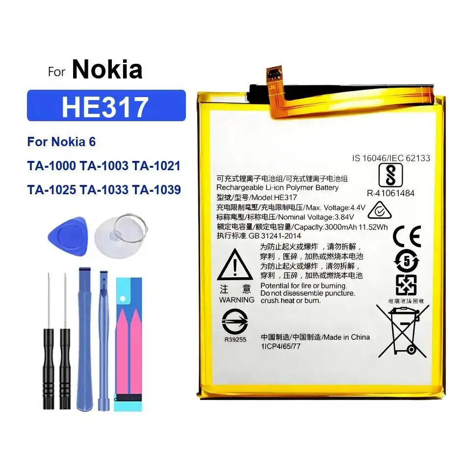 

3000Mah For Nokia 6 TA-1000 TA-1003 TA-1021 TA-1025 TA-1033 TA-1039 Mobile Phone Battery HE317 Durable