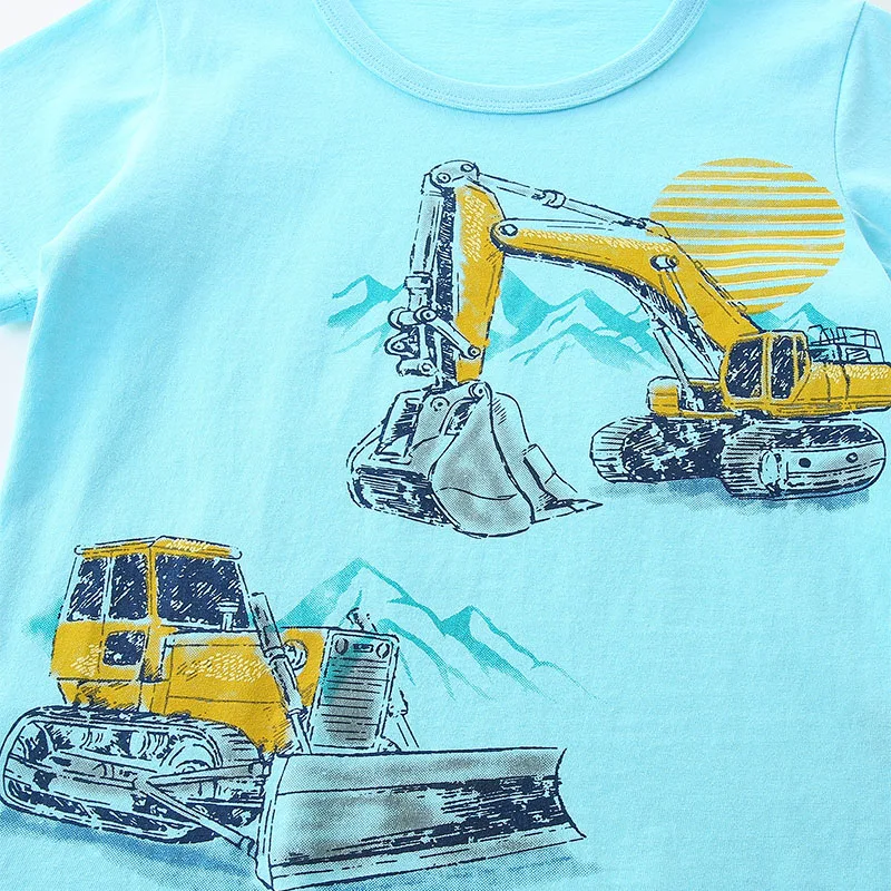 Little maven 2024 New Baby Boys Blouses Tops Kids Clothes T-shirts for Children Cartoon Excavator Engineering Vehicles Cotton