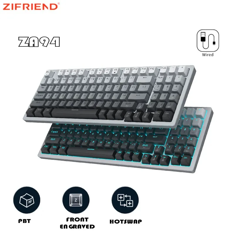 

ZIFRIEND ZA94 94 Keys Gradient Color Mechanical Keyboard LED Keycap Gaming Keyboards 90% Full Size 3 Pin Switch Keycaps NKRO