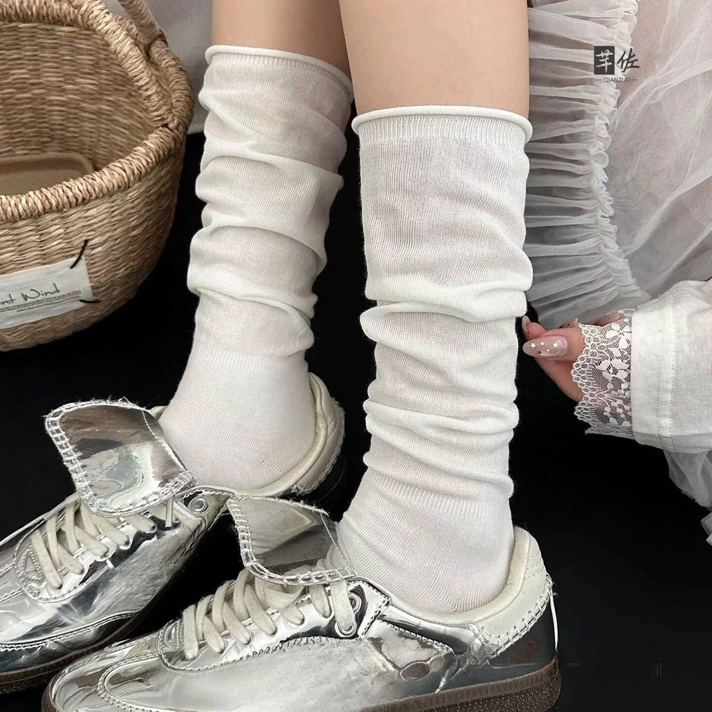 White Bubble Thin Summer Mid-Calf Long Socks Pure Color Cuffed German Training Shoe Socks Leg Shaping Micro Pressure Socks