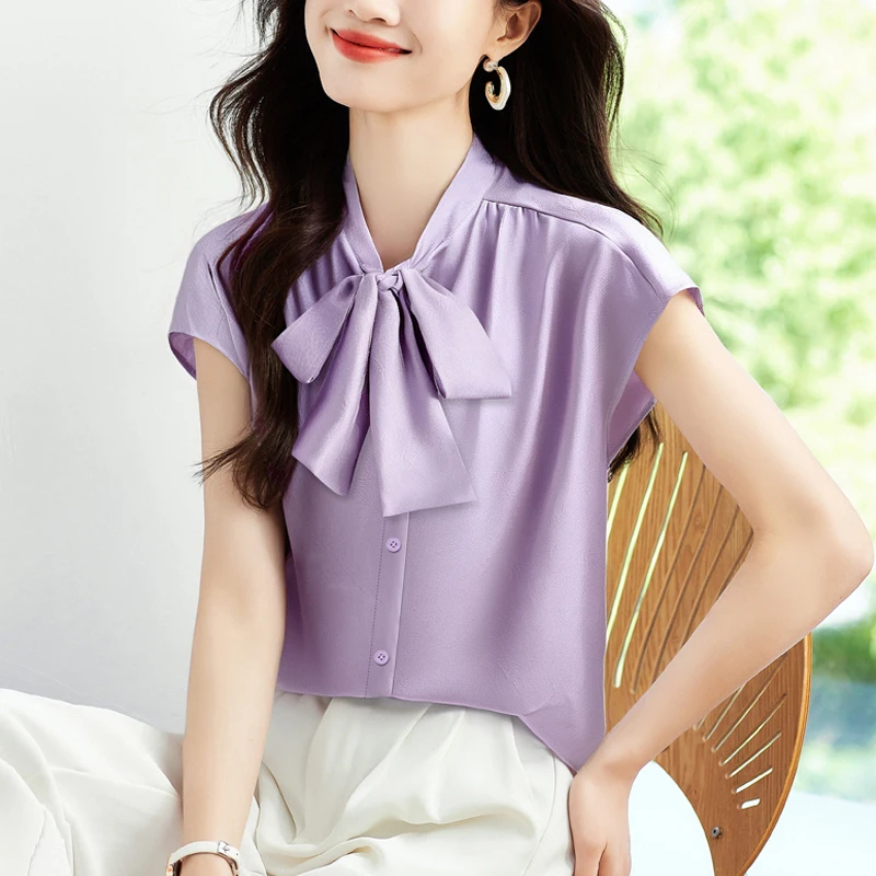

Элегантные модные летние топы с коротким рукавом и галстуком-бабочкой OL, однотонная однобортная женская рубашка