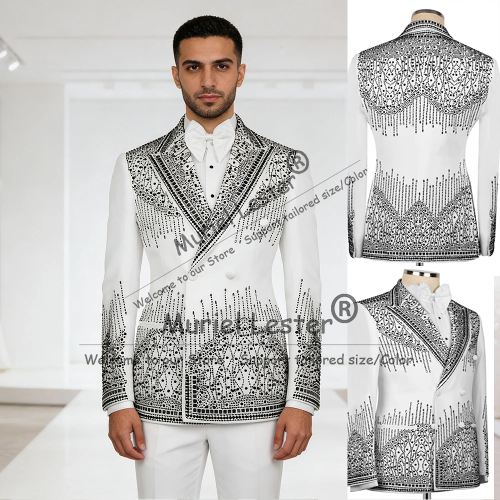 

Luxurious Diamond Beaded Stones Suits Men Slim Fit 2 Pcs Customized Double Breasted Jacket Pants Plus Size Groom Wedding Tuxedos