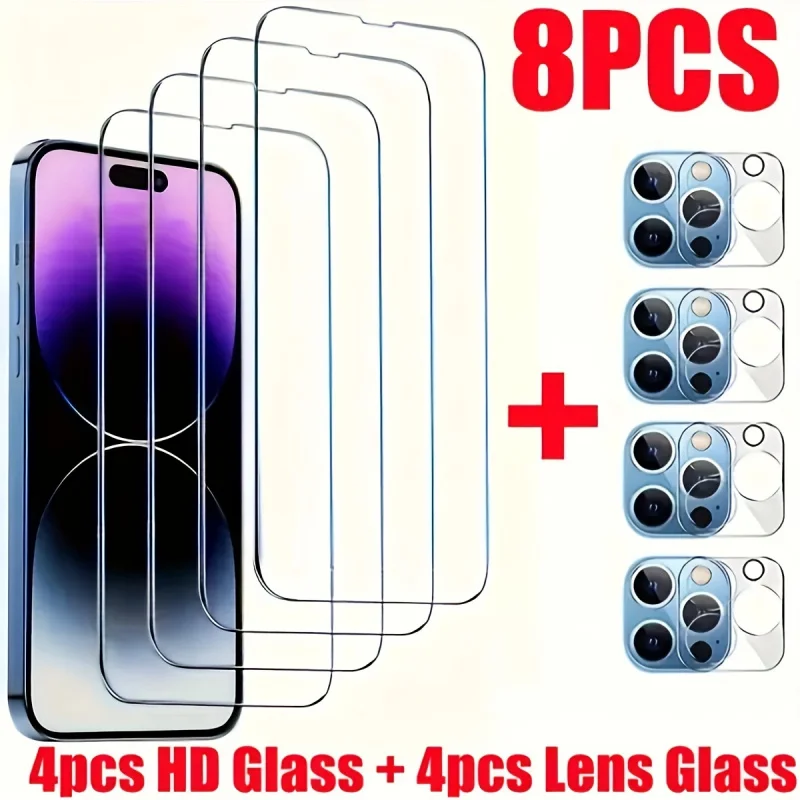 

8 Pieces/Full Cover 4 HD Screen Protector，Applicable iPhone Series Belt 4 One Camera Lens Protective Film，9H Tempered Glass Film
