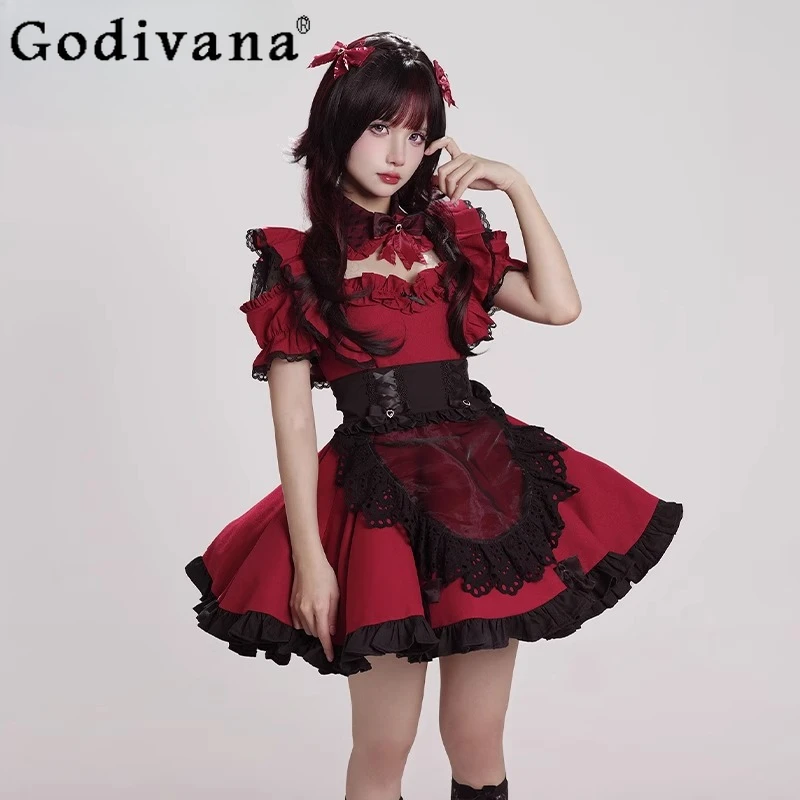 

Original Japanese Sweet Maid Costume Girls Woman Cute Bow Ruffle Edge Short Sleeve Dress Apron Bow Tie Set Loli Lo Cos Dresses