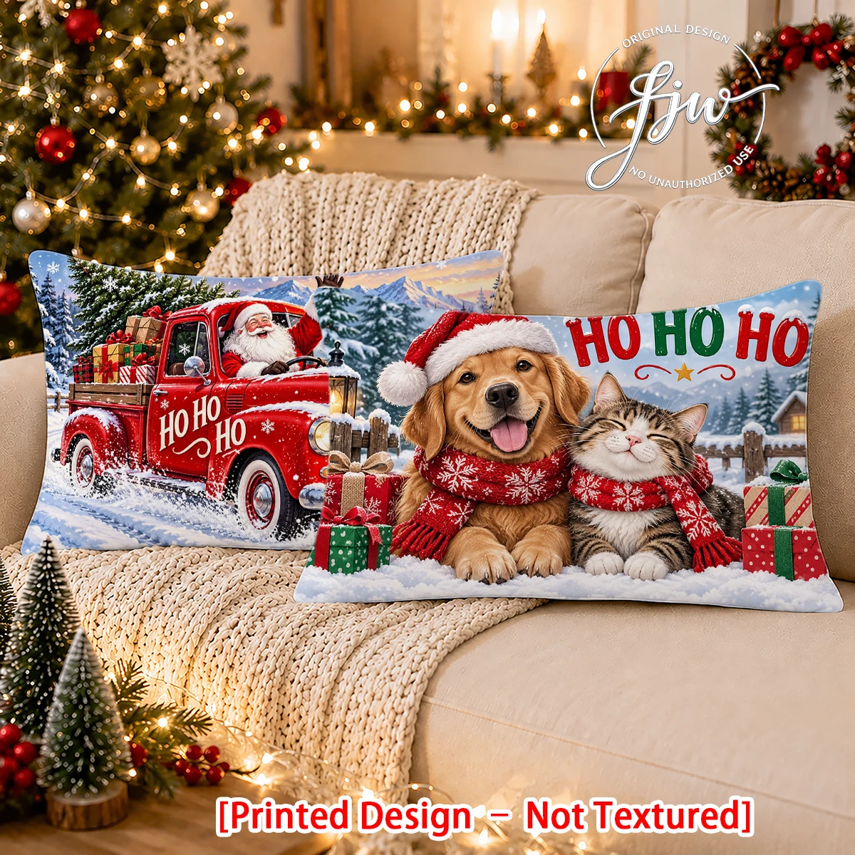2pc Christmas Throw Pillow Covers Set of 2, Cute Dog Cat Santa Red Truck Winter Holiday Decorative Cushion Cases