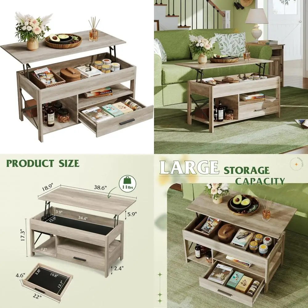 Mesa de centro de madeira com gavetas de armazenamento e compartimento oculto, mesa central superior elevatória de 39 polegadas para sala de estar