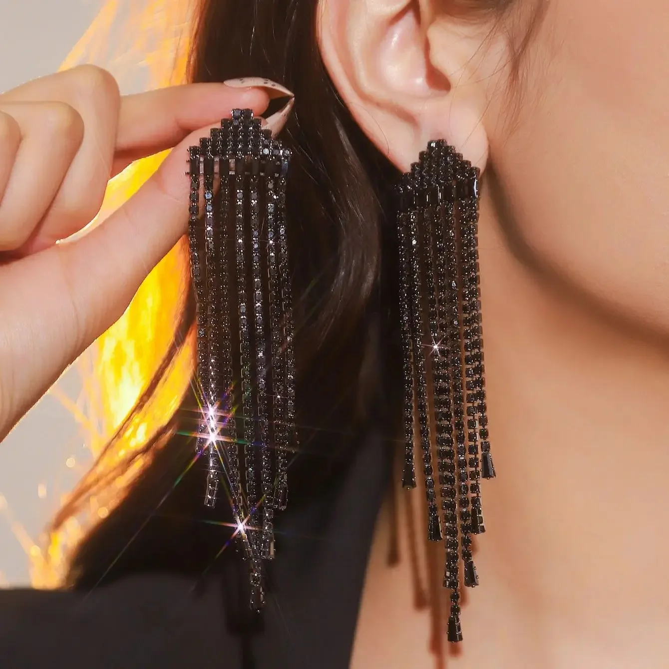 Fashion rhinestone claw chain black long tassel earrings female personality exaggerated niche light luxury hundred with earrings