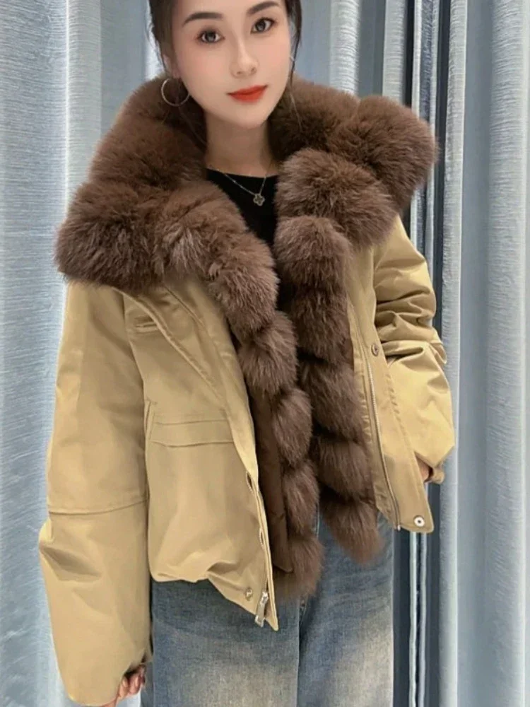 OFTBUY Daunenjacke mit Naturfell für Damen, warme, lässige Winterjacke mit Fellkragen und Reißverschluss, Damen-Daunenparka – Detail 10