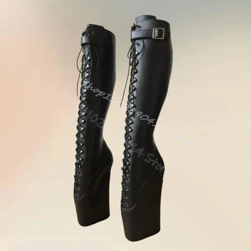 Schwarze Schnallen-Dekor Stiefel mit Ungewöhnlichem Absatz Kreuzgebundene Riemchenstiefel Damenschuhe Mode Party Festlich Tanzgeeignet 2024 Zapatos Para Mujeres
