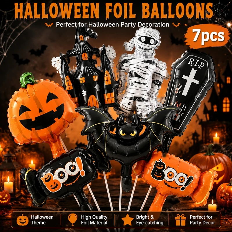 5-teiliges Halloween-Folienballons-Set Fledermaus Kürbis Süßigkeiten Geisterhaus Geformte Aluminiumfolienballons für Halloween-Party-Dekoration – Detail 2