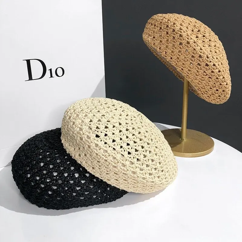 Fashion Women Handmade Crochet Beret Cap Solid Color Hollow Out Sweet Floral Weave Lady Leisure Vintage Slouchy Painter Hat