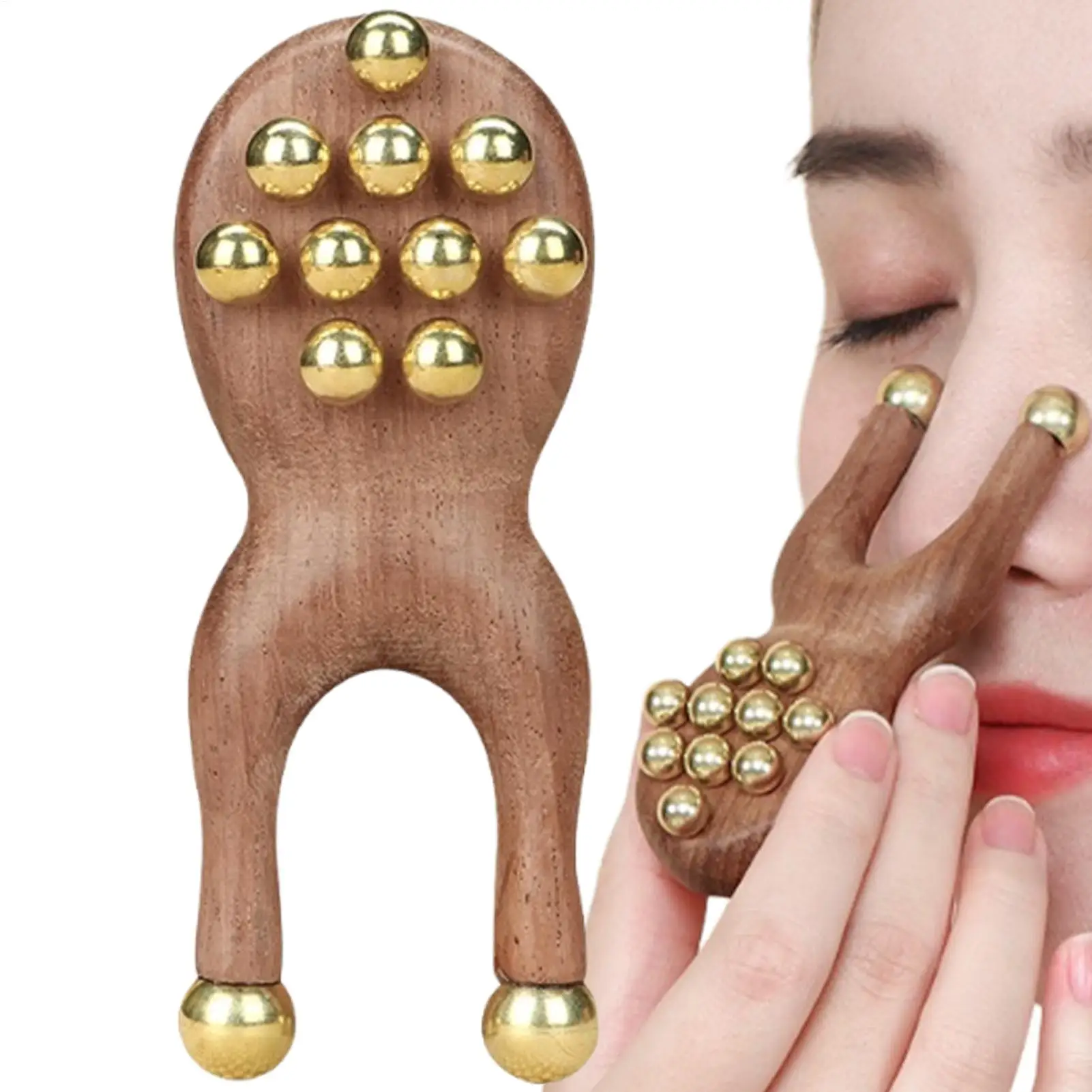 Outil de massage Guasha en bois pour le nez, peigne portatif antistatique avec perles en laiton pour la relaxation du visage, du nez et des yeux, stimulation des points de méridiens et des points d'acupuncture