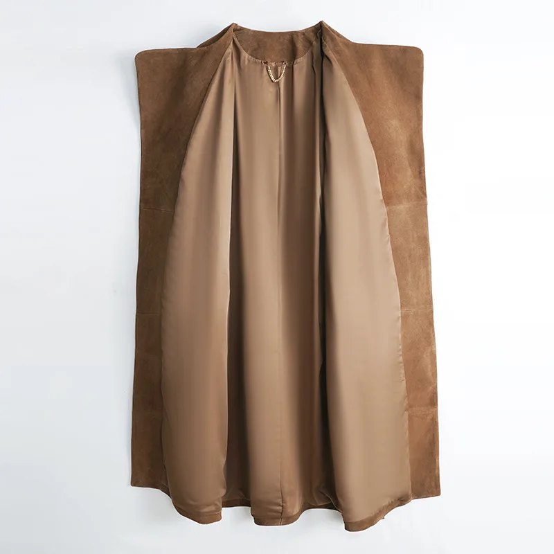 Gabardina de cuero nobuk de lujo para mujer, Chaqueta larga de ante de piel de vaca, cortavientos para exteriores, otoño e invierno, 2023