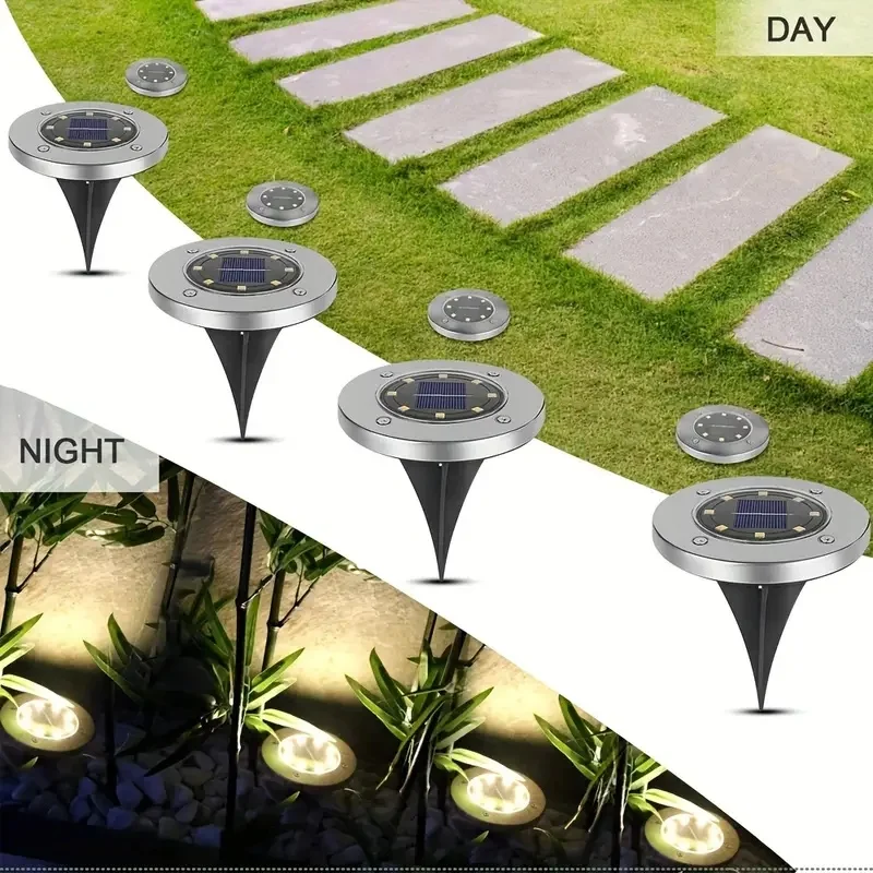 4pcs Solar Floor Lights - White & Warm 8 LED Waterproof Garden Lighting - Durable Outdoor Landscape Lights for Lawns