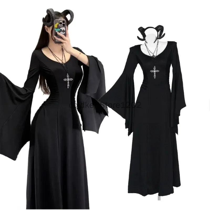 Evil Queen Witch Costume Batwing Sleeve Devil Black Dress Cosplay Gothic Long Dress Horror Scary Adult Halloween Costume Women