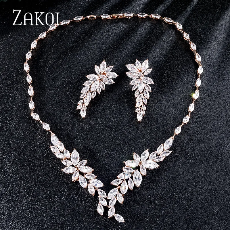 ZAKOL Top Quality Marquise Cut Cluster Shape Cubic Zirconia Earrings Necklace Leaf Jewelry Sets for Women Anniversary Dress