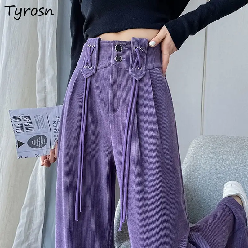 Casual Pants Women Fashion High Waist Straight Corduroy Solid Simple All-match Streetwear Mujer Schoolgirls Drawstring Joggers