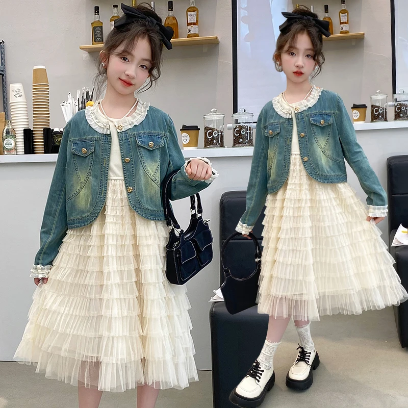 

autumn teengirls dress set Lace denim jacket+Cake dress+white layered long drees 2pcs junior fashion Princess suit child outfits