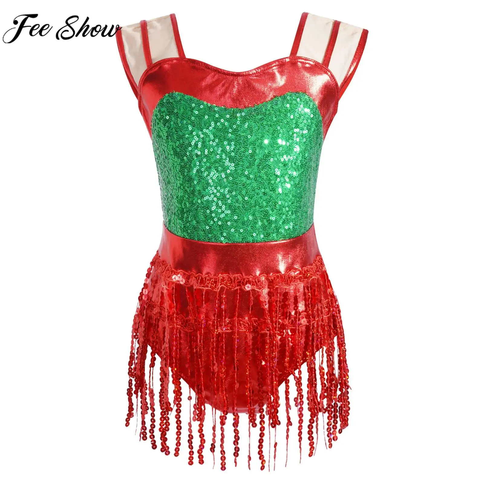 

Children Girls Christmas Costume Sleeveless Sequin Tassels Bodysuit Latin Dance Rumba Cha Cha Tango Samba Performance Leotard