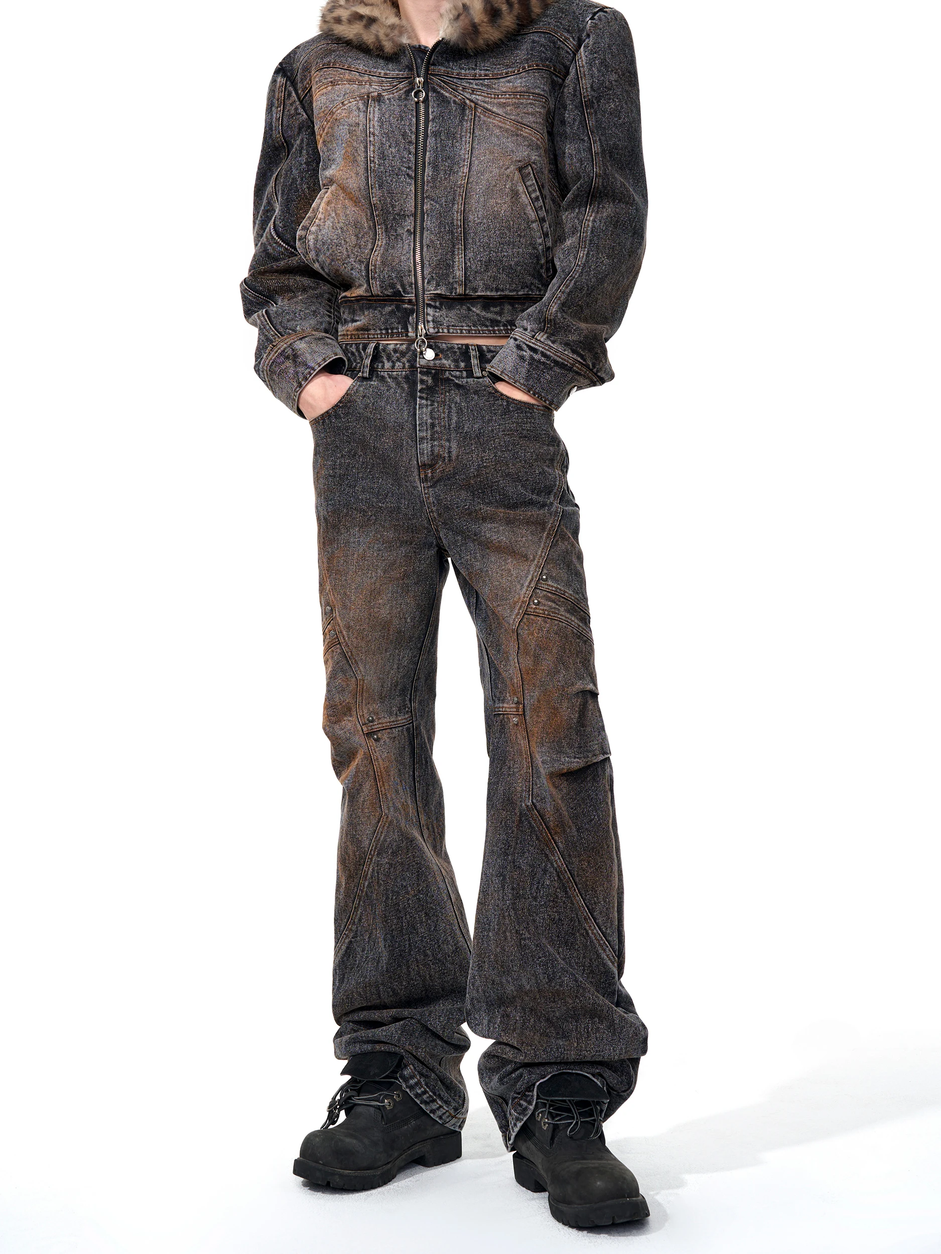 Retro Washed Denim Jeans Men Straight Leg Rust Color Deconstructed Design Sensation Autumn Season StarTexceedEnd Men's Jeans