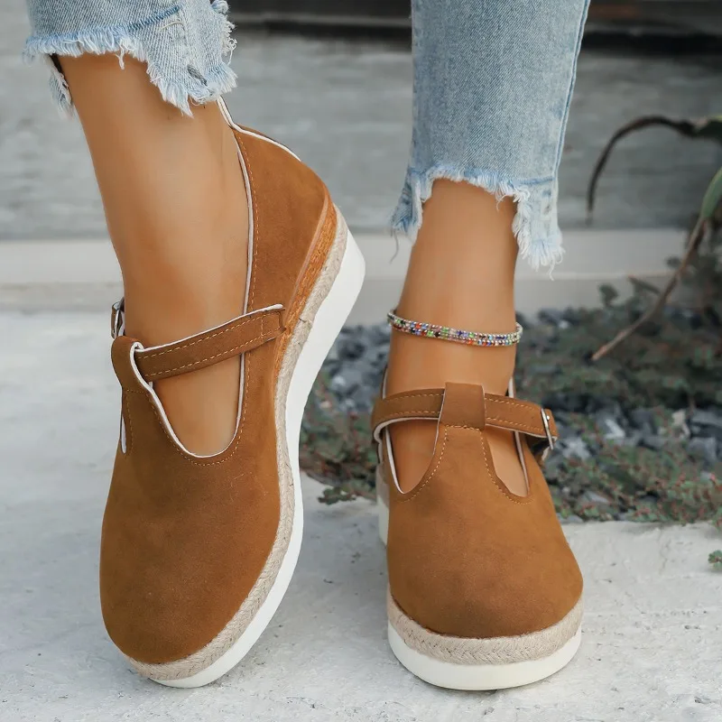 New Shallow Mouth Women's Solid Color Wedge Casual Sports Shoes Autumn Thick Sole Buckle Walking Shoes Versatile Women's Shoes image 4