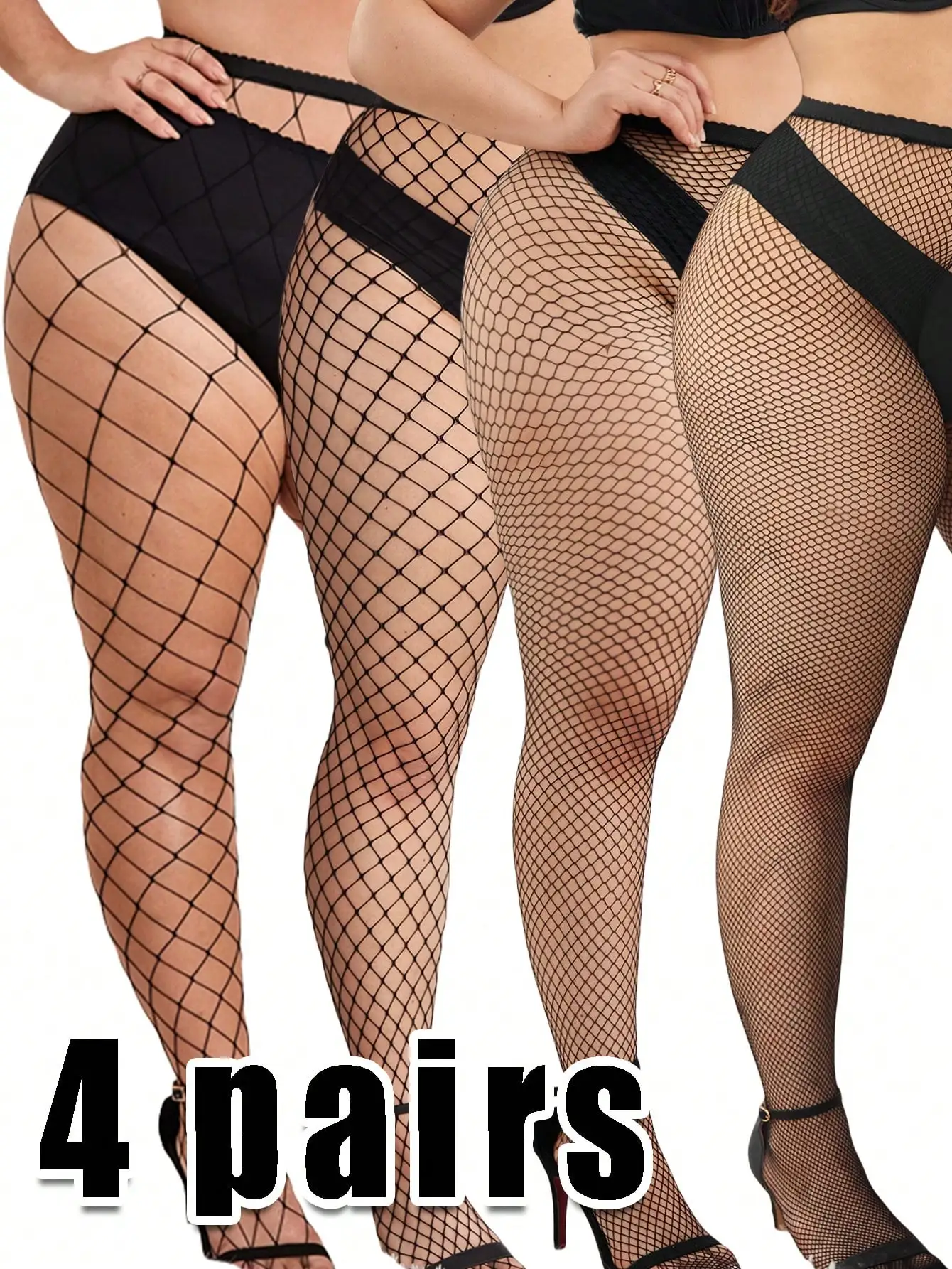 

4 Pairs Plus Size Fishnet Stockings for Women, Black Mesh Tights with Elastic Waistband