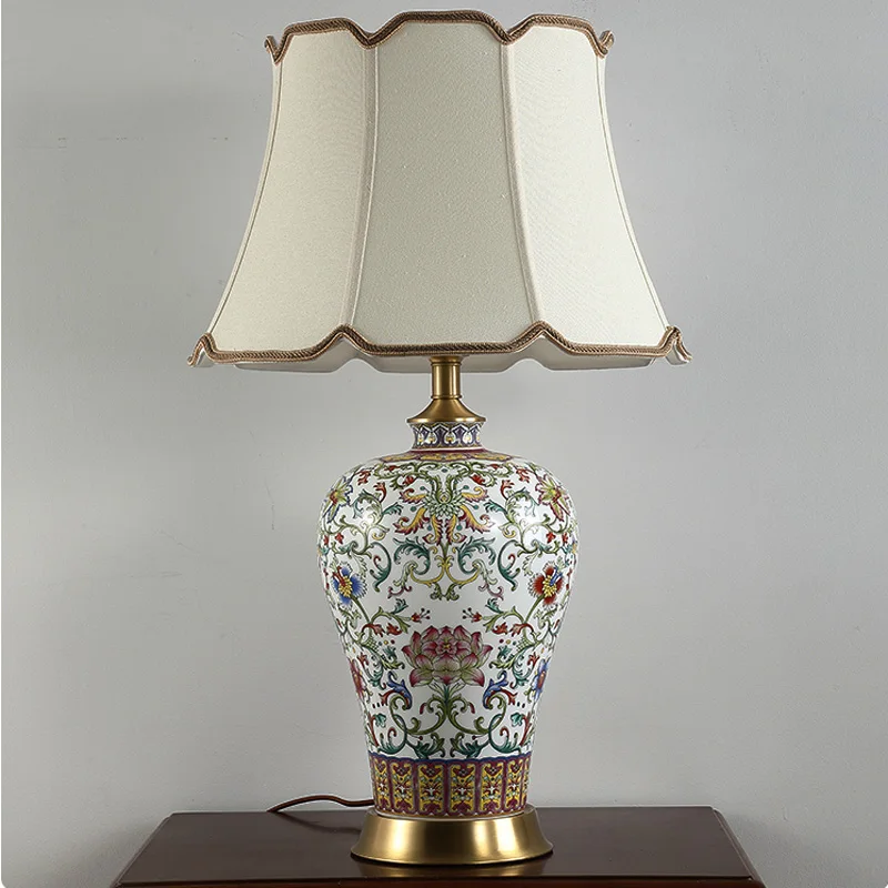 Copper Table Lamp American Style For Living Room Ceramic Lamp Luxury Bedroom Bedside Lamp Decorated LED Lamps