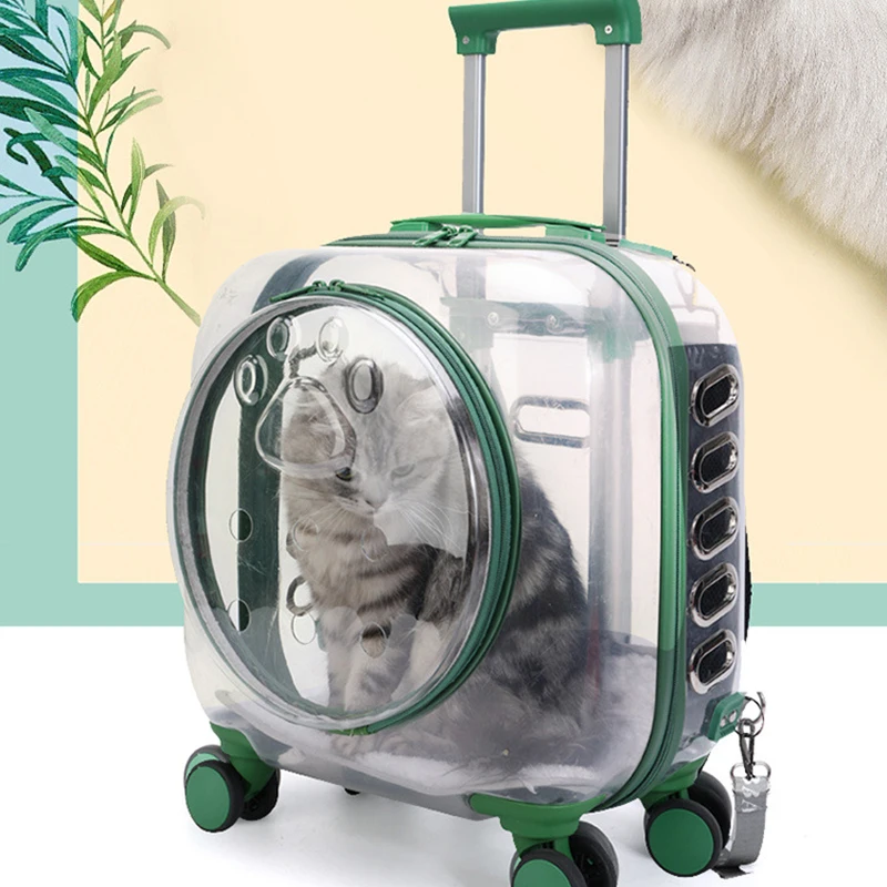 Pet Dog Cat Trolley Suitcase Luggage with Wheels Carrying Transparent Suitcase Breathable Pet Cat Carrier Backpack Pet Stroller