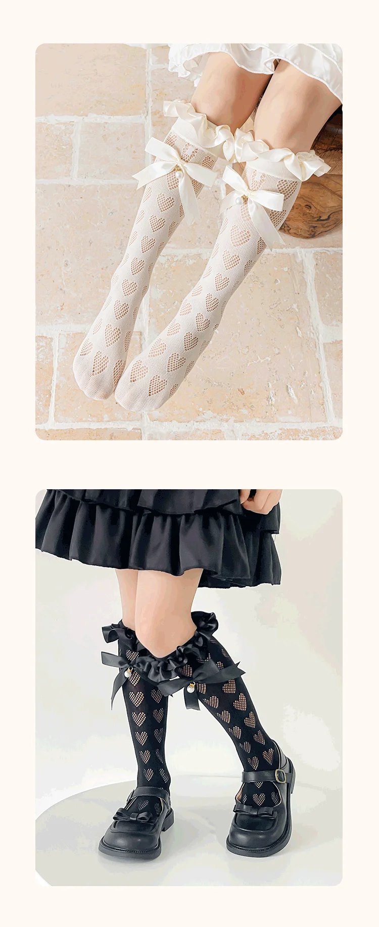 Baby Kinder Großer Perlenanhänger Lange Lolita Socken Hohle Netz-Herz-Overknee-Socken mit Schleife Prinzessin Mädchen Kawaii Strümpfe – Detail 8