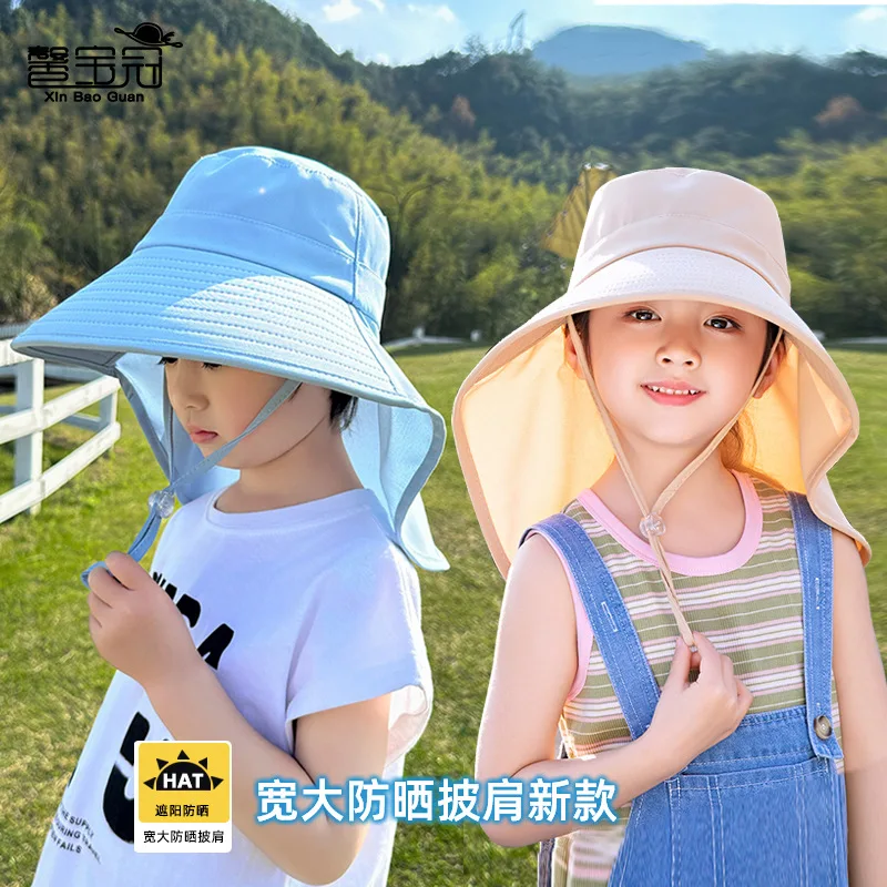 

Boys girls' Large Brimmed Shawl Ponytail Hole Sun Shading Fisherman Hat children's Hat Summer Outdoor Sports Sun Hat