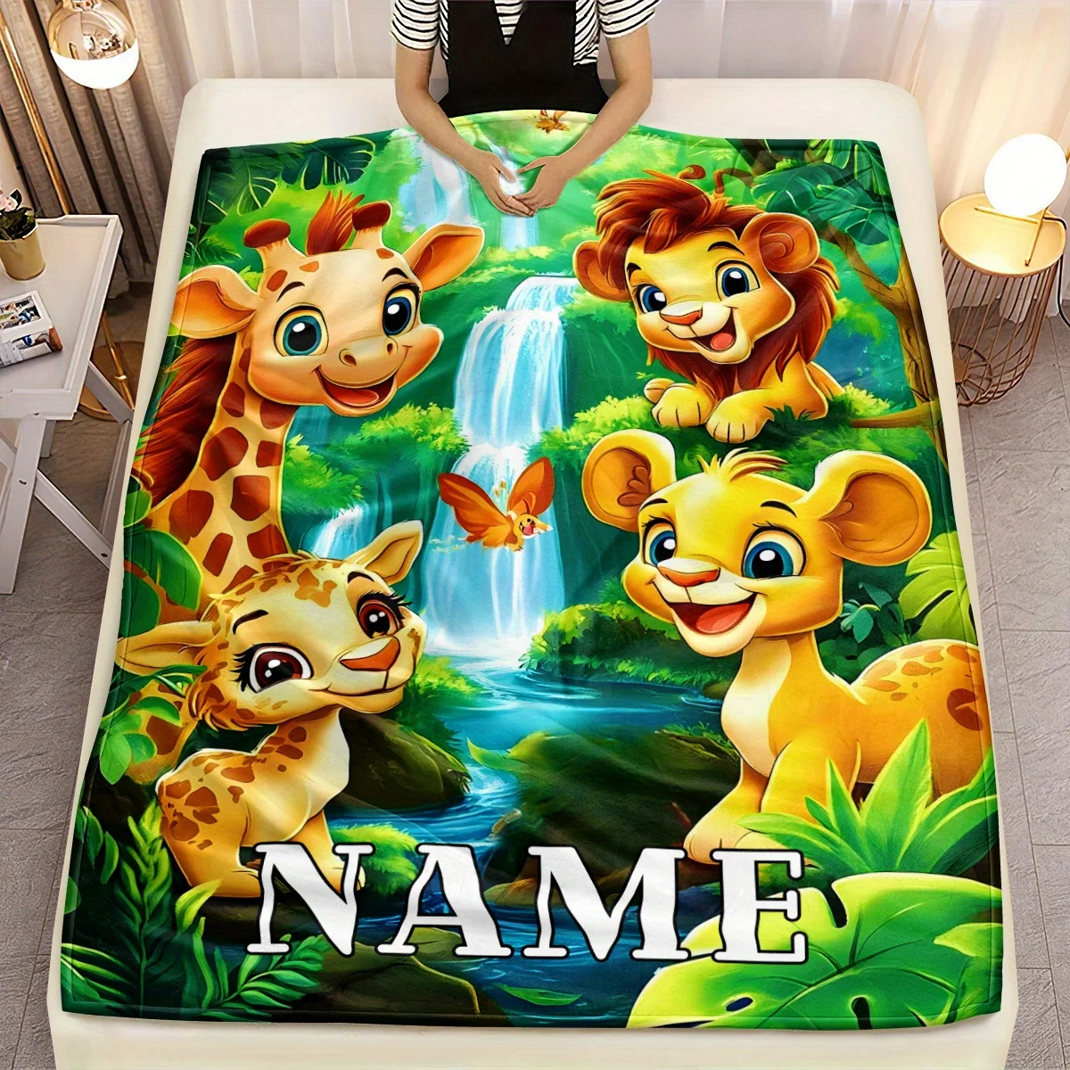 Custom jungle animal blankets featuring cute lion, giraffe and mouse，suitable for family trips, camping，office