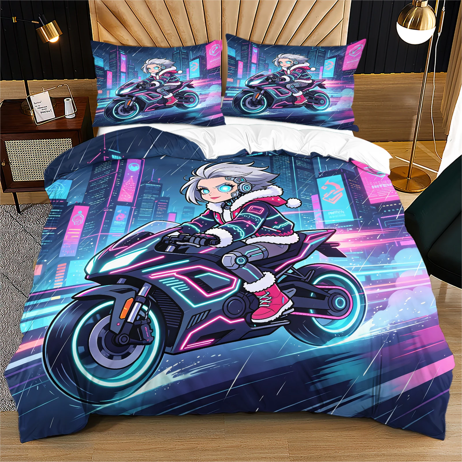 Futuristic Cyberpunk Anime Duvet Cover Set Edgy Neon City Rainy Motorcycle Rider Print for Teens & Youth Durable Soft Easy‑Wash