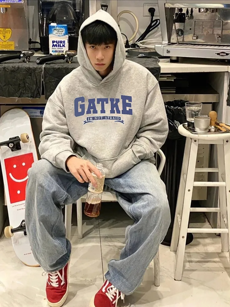 

American Style Oversize Hoodie Men's Grey Sweatshirt with Hat High Street Outerwear Spring Youth Trend Loose Fit Printed