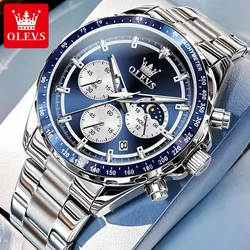 OLEVS 2945 Moon Phase Quartz Watch For Men 24 Hours Display Waterproof Wristwatch Stainless Steel Luminous Chronograph Man Watch