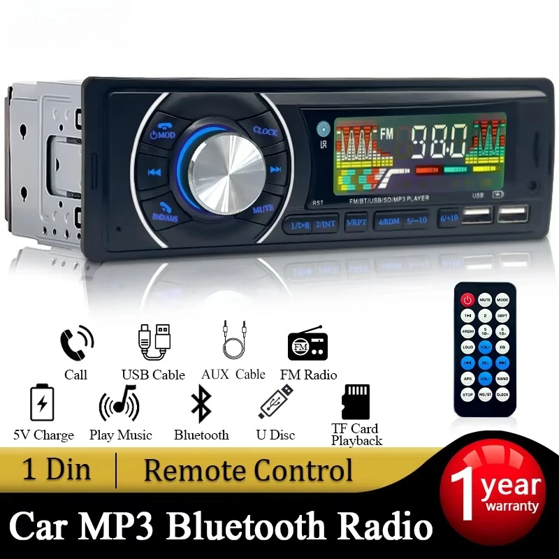 Car Radio 1 DIN Stereo Receiver FM Bluetooth MP3 Audio Player Cellphone Handfree Digital USB/TF With In Dash Aux Input