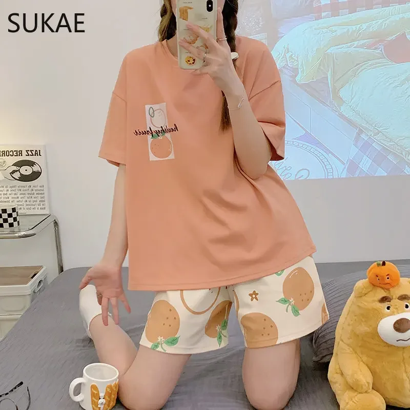 Summer Woman Pajama Cotton Cartoon Sleepwear Kawaii Orange Cartoon Printing Pyjamas Set Young Lady Shorts Pullover Lingeries