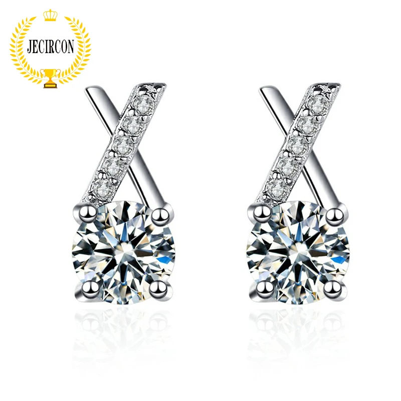 

JECIRCON Genuine S925 Sterling Silver Earrings for Women Small Fresh Simple Cross Letter X Ear Studs 0.5ct Moissanite Jewelry